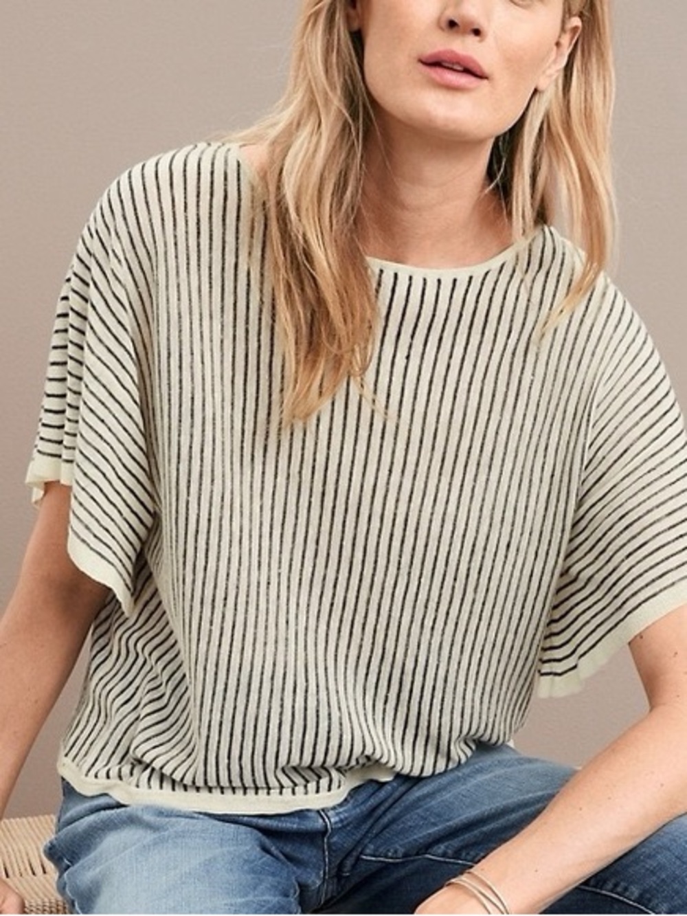 Eileen Fisher organic linen tencel Cream Top with Black Pinstripes size XL